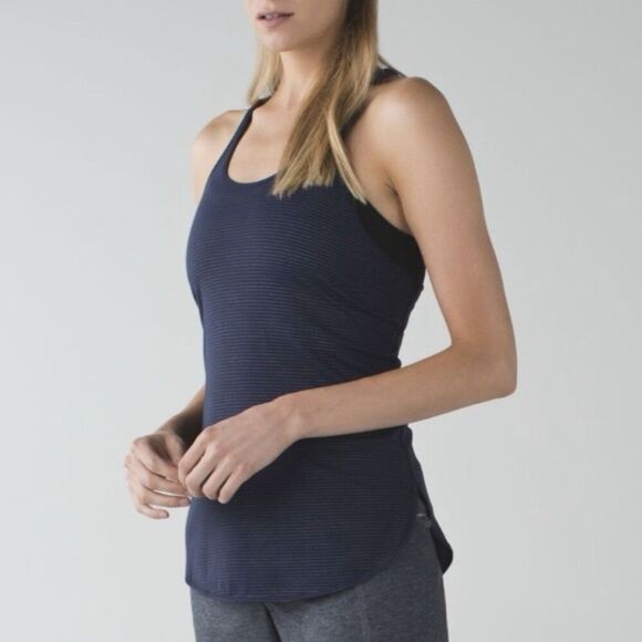 Lululemon Womens Scoop Neck Tunic Tank Top No Size Striped Blue Racerback Gym - Picture 1 of 9